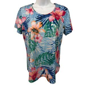 Alison Daily Top Size Women S Blue w Pink Orange Tropical Flowers Short Sleeve